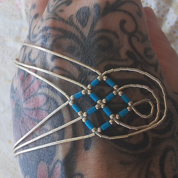 💙 Southwestern Liquid Silver Sterling + Turquoise Bead Necklace, Vintage Beauty - Picture 5 of 8